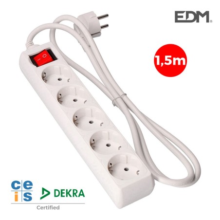 Base multiple 5 tomas schuko com interruptor 1,5m 3x1,5mm