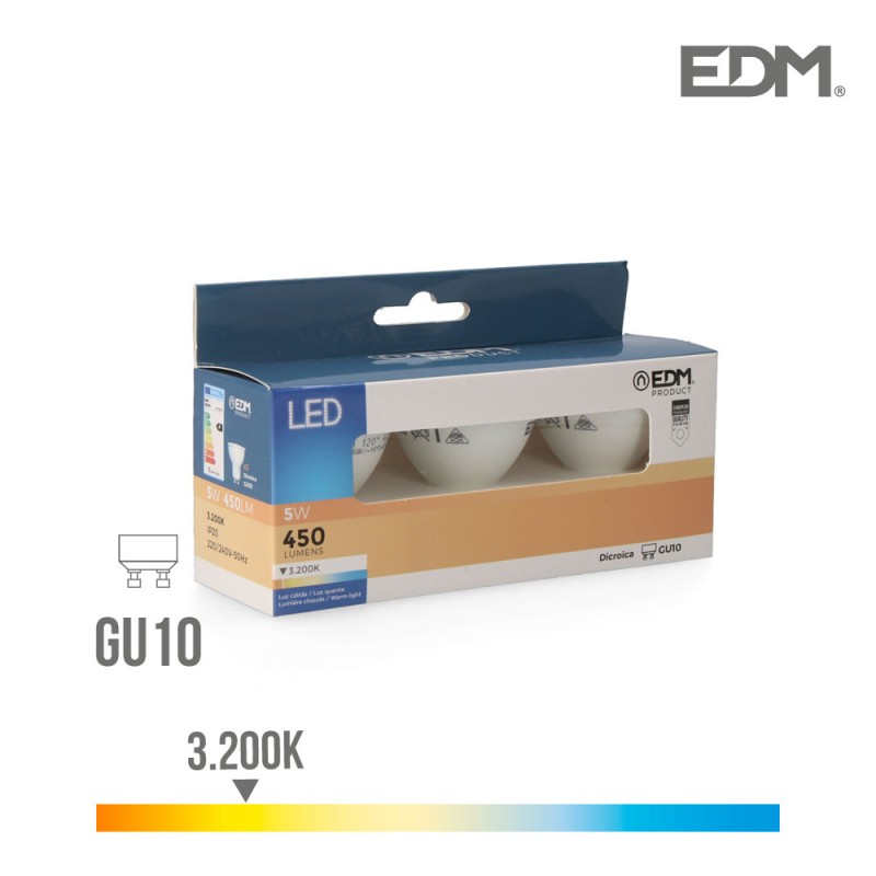 Kit 3 bombillas dicroicas led gu10 5w 450 lm 3200k luz calida
ø 5 x 5,5 cm 25000h ac 220-240v clase a+120° edm