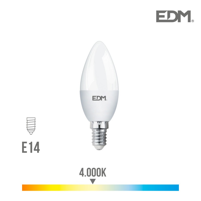 Bombilla vela led e14 7w 600 lm 4000k luz dia
ø 3,6 x 10,3 cm 25000h ac 220-240v clase a+ 200° edm