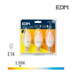Kit 3 bombillas vela led e14 5w 400 lm 3200k luz calida edm