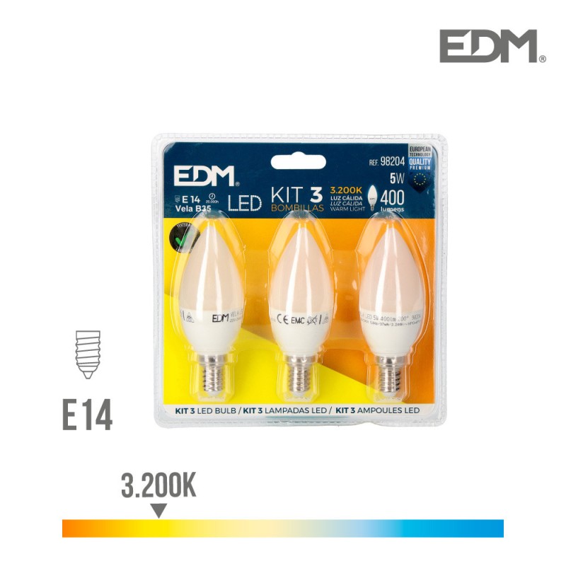 Kit 3 bombillas vela led e14 5w 400 lm 3200k luz calida
ø 3,6 x 10,3 cm 25000h ac 220-240v clase a+ 200° edm