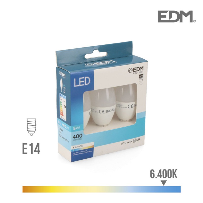 Kit 3 bombillas vela led e14 5w 400 lm 6400k luz fria
ø 3,6 x 10,3 cm 25000h ac 220-240v clase a+ 200° edm