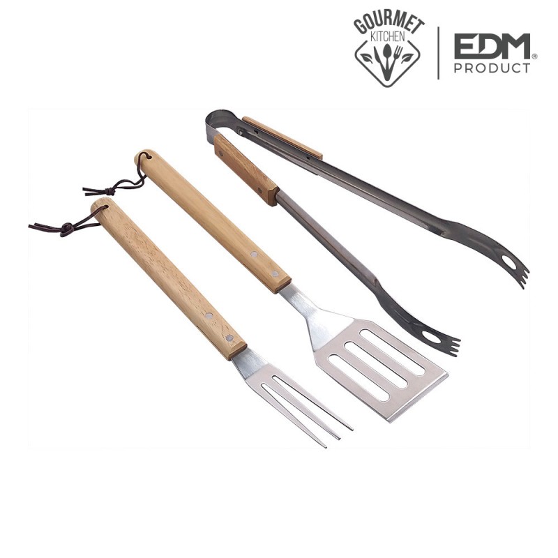 Set 3 herramientas bbq acero inox edm incluye: pinzas 0,8mm 39cm,  pala 1,5mm 41cm, pinza 1,5mm 36cm mangos de roble
