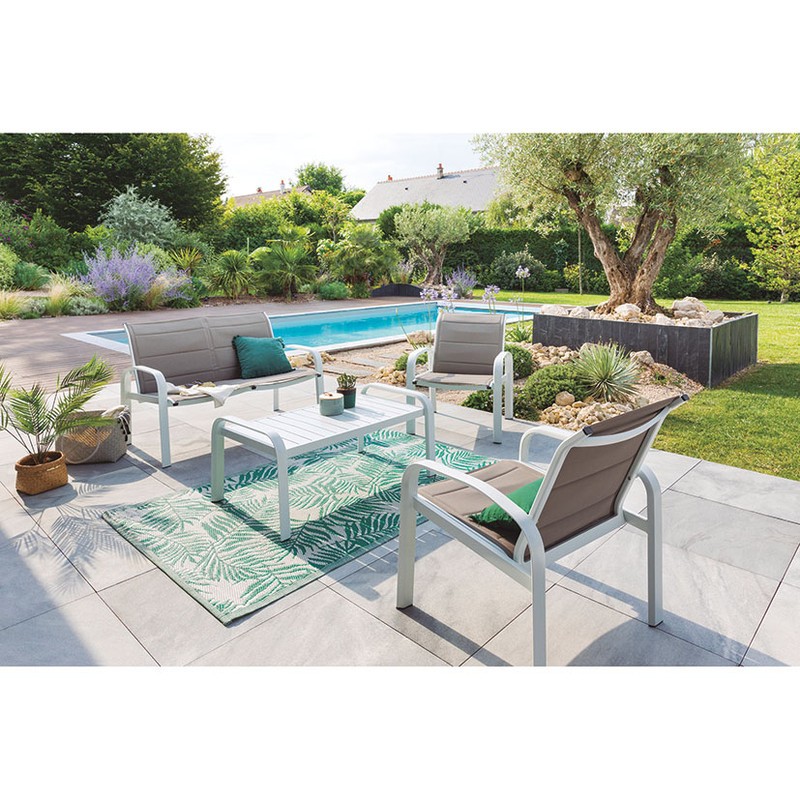 CONJUNTO ALUMINIO 2 SILLONES + SOFÁ + MESA BLANCO