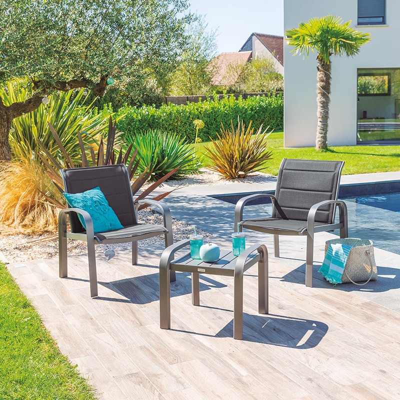 CONJUNTO METÁLICO 2 SILLONES + MESA ANTRACITA