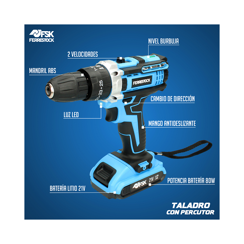 TALADRO PERCUTOR BATERIA 21V 1.5AH + MALETIN HERRAMIENTAS