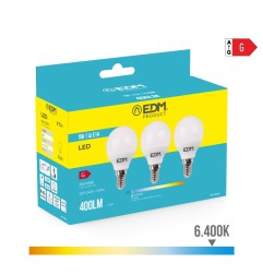 KIT 3 BOMBILLAS ESFERICAS LED E14 5W 400LM 6400K LUZ FRIA
