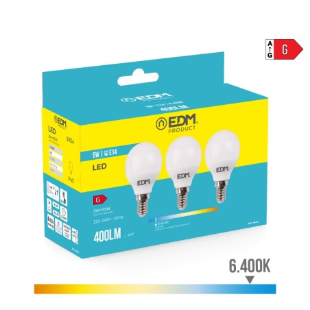 KIT 3 BOMBILLAS ESFERICAS LED E14 5W 400LM 6400K LUZ FRIA